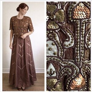Vintage Embellished Jacket & Skirt Set – Brown & Gold Separates / Statement Boho